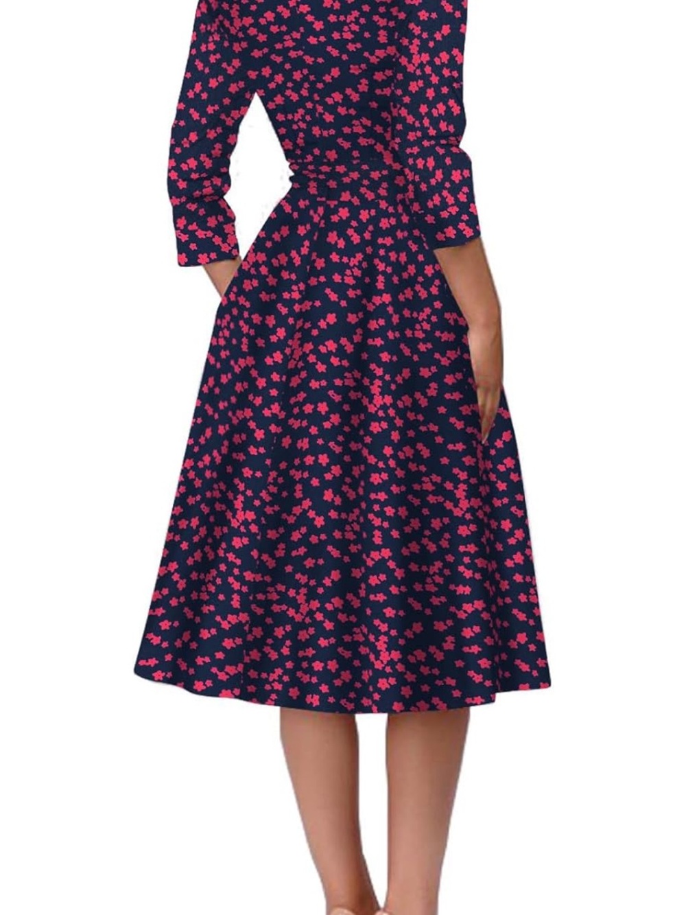 Women's Navy Blue Floral Midi Dress with Pink Print - Picture 2 of 10